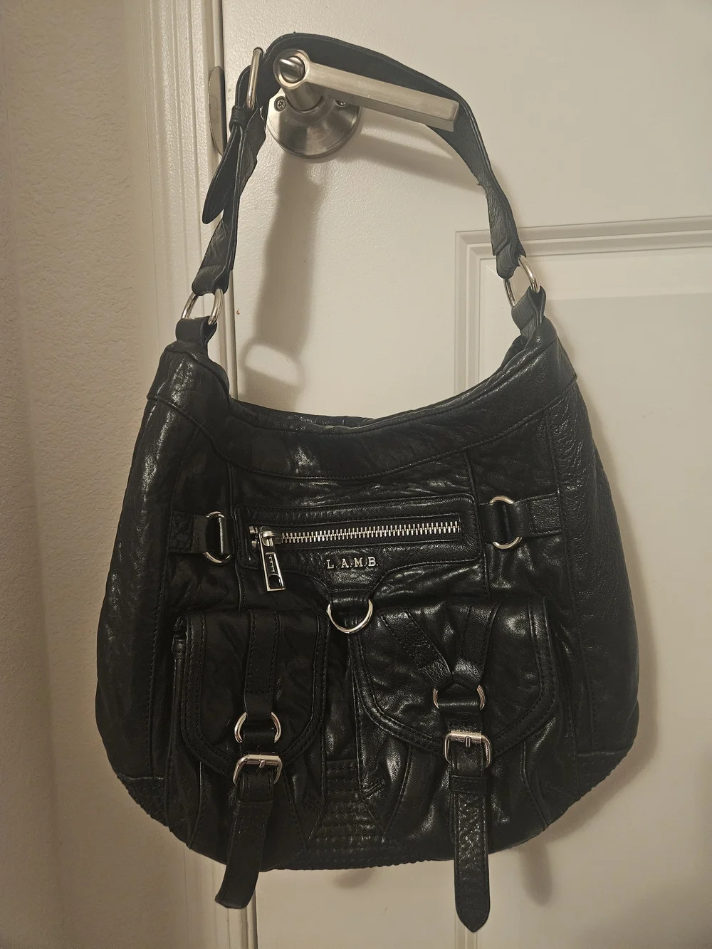 Vintage L.A.M.B. Gwen Stefani Black Leather Multi-Pocket Hobo Bag Y2K